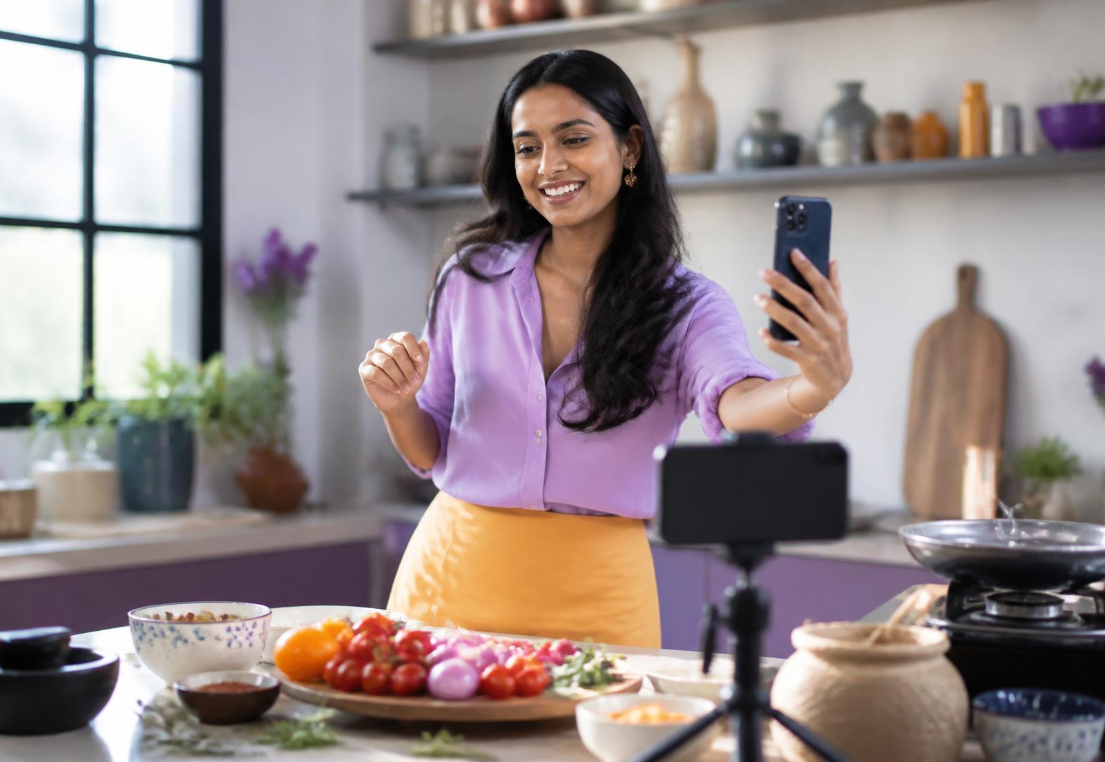 Indian food creator filming a recipe in her studio kitchen